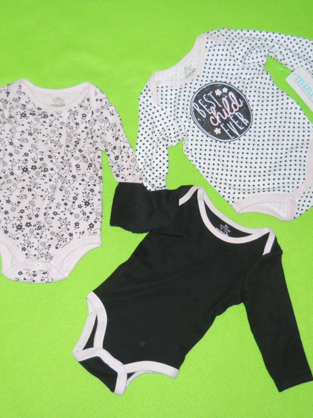 NWT ~ Infant Girls set 3 ~ Long Sleeve Bodysuits ~Size 6 M ~ pink/black/white